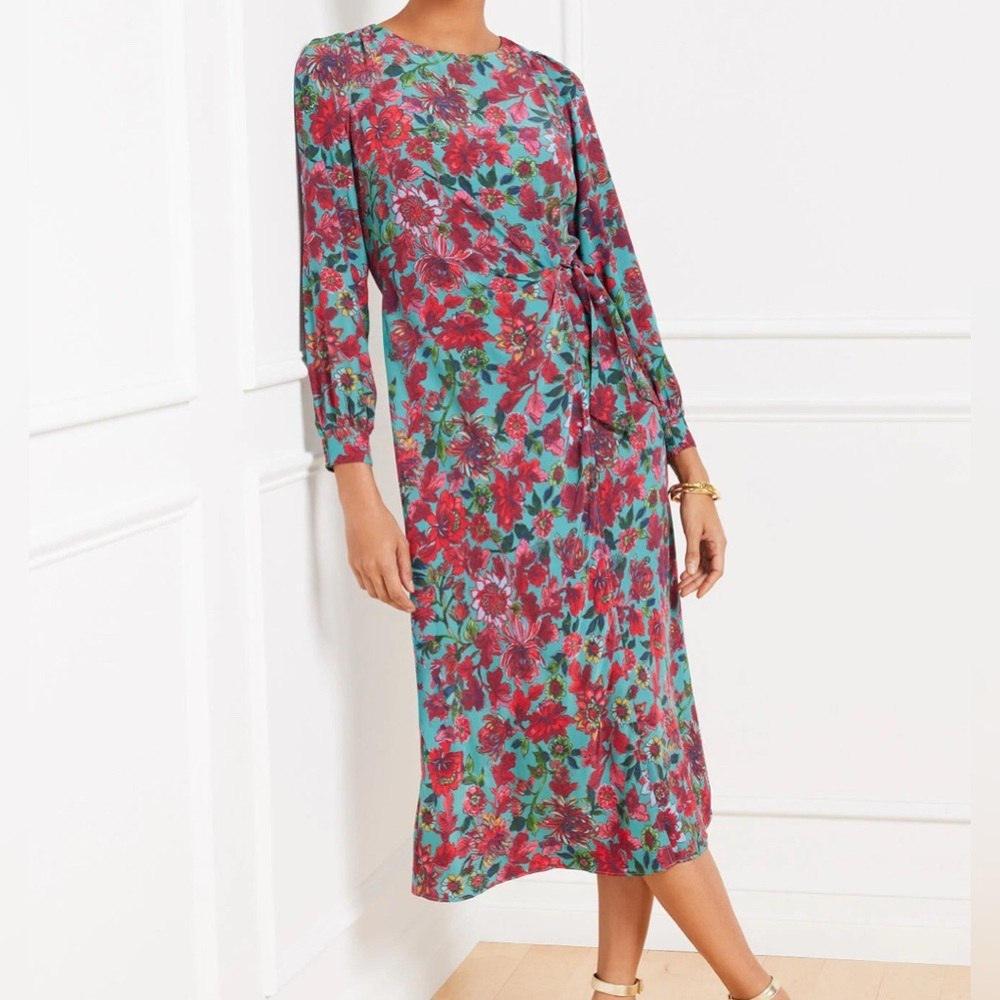 Talbots SIDE TIE MIDI DRESS - STUNNING FLORAL Long Sleeve Dress - Multicolor